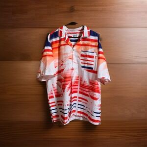 Uzzi Shirt Men XXL  Palm Trees 100% Polyester Pocket Hawaiian Orange Bright